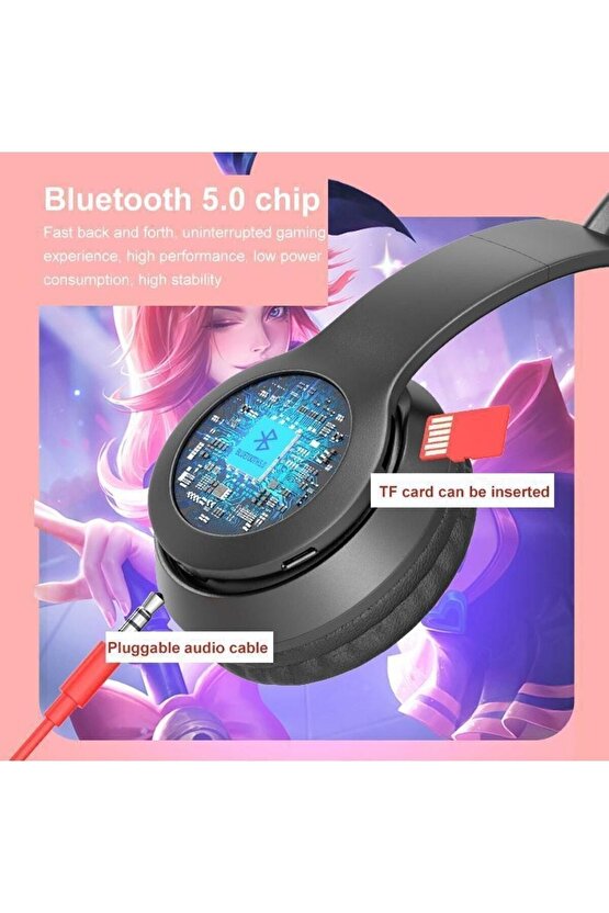 P47m Mor Sevimli Renkli Kedi Kulak Bluetooth Kulaklık