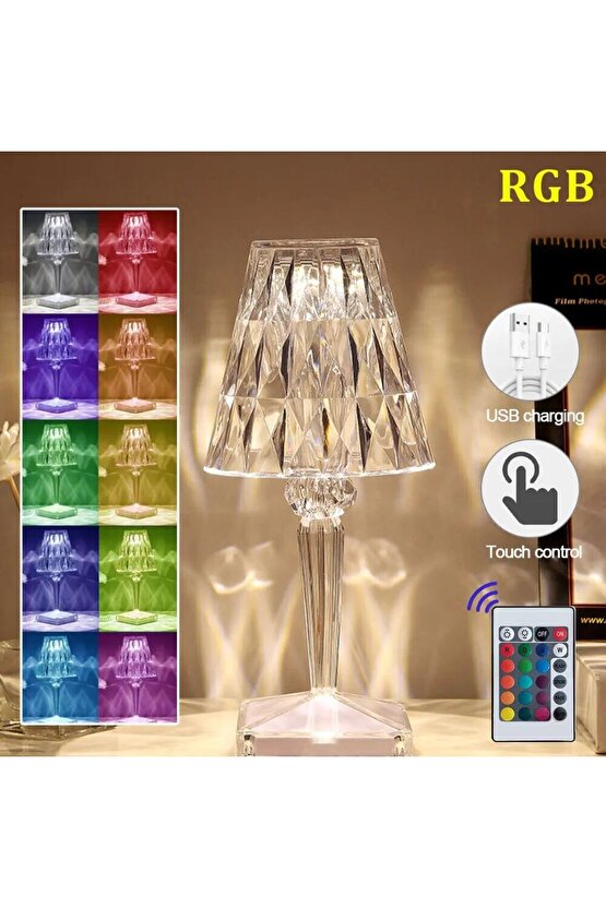 CRYSTAL TABLE LAMP ŞARJLI RGB LED IŞIKLI ABAJUR GECE LAMBASI UZAKTAN KUMANDALI DOKUNMATİK TUŞLU