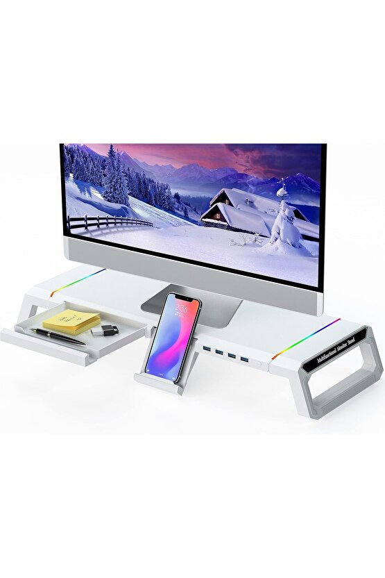 Laptop Sehpası RGB Işıklı Mönitör Standı Ekran Altlığı 4 Usb Hub Telefon Tutuculu