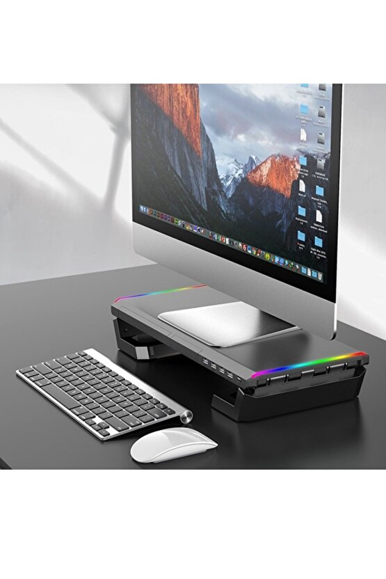 Laptop Sehpası RGB Işıklı Mönitör Standı Ekran Altlığı 4 Usb Hub Telefon Tutuculu