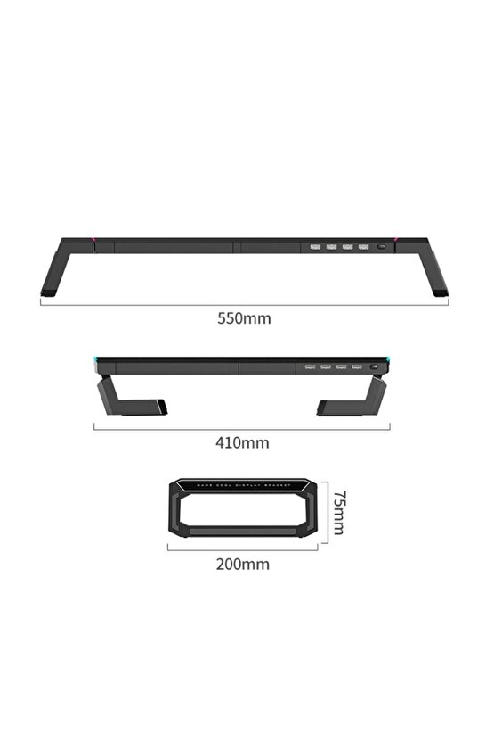 Laptop Sehpası RGB Işıklı Mönitör Standı Ekran Altlığı 4 Usb Hub Telefon Tutuculu