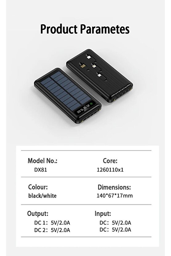 20000 mah solar powerbank güneş enerjili usb çıkışlı kablolu led ışıklı taşınabilir şarj