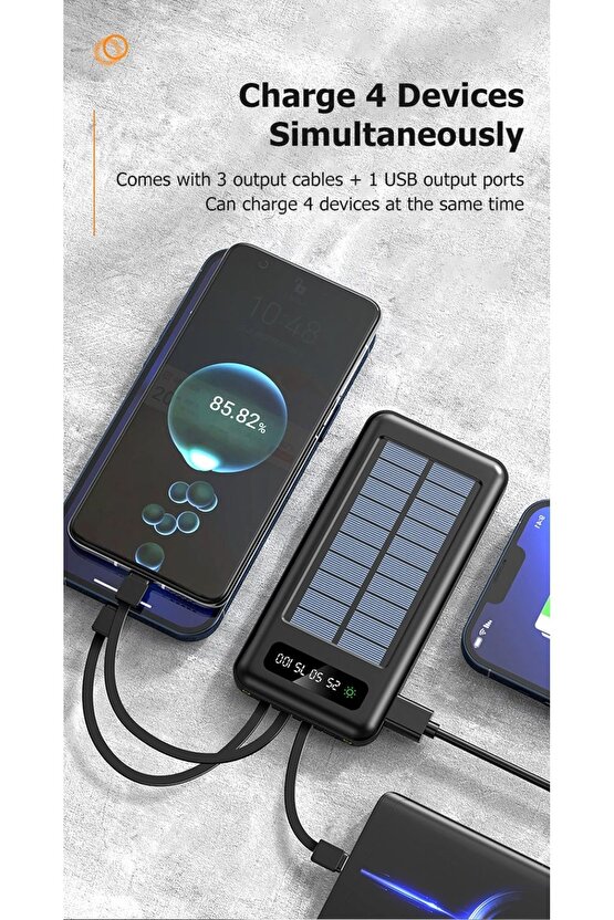 20000 mah solar powerbank güneş enerjili usb çıkışlı kablolu led ışıklı taşınabilir şarj