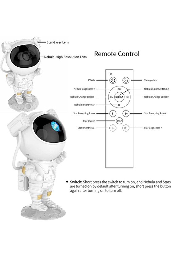 Astronot Starry Projector Galaksi Gece Lambası Yıldız Samanyolu Işıklandırma