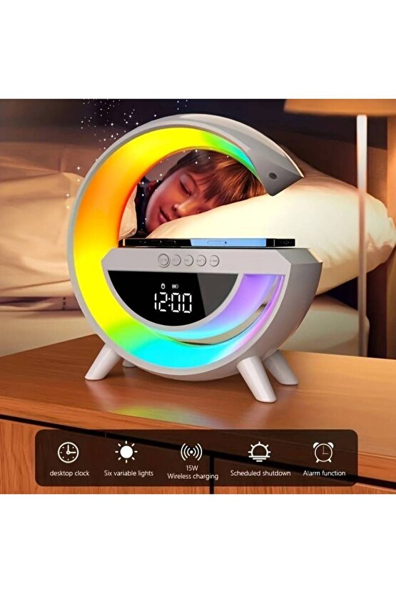 G Bluetooth Hoparlör 15w Kablosuz Hızlı Şarj Alarm Çalar Saat Gece Lambası Ambians Led Işık