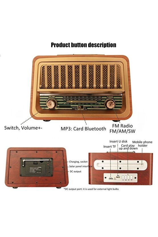 Nostaljik Radyo Bluetooth Hoparlör Fm Radio Sd Kart Usb Girişli Şarjlı Speaker