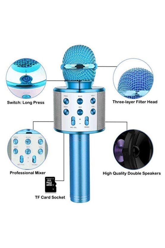 Ktv Ws-858 Karaoke Mikrofon Bluetooth Hoparlör Ses Değiştirme Özellikli Mavi