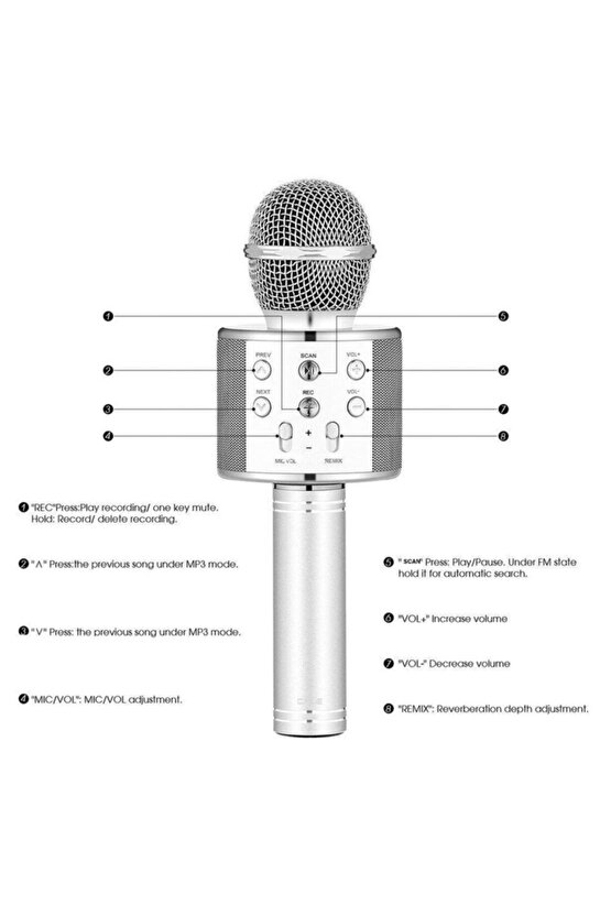 Ktv Ws-858 Karaoke Mikrofon Bluetooth Hoparlör Ses Değiştirme Özellikli Gümüş