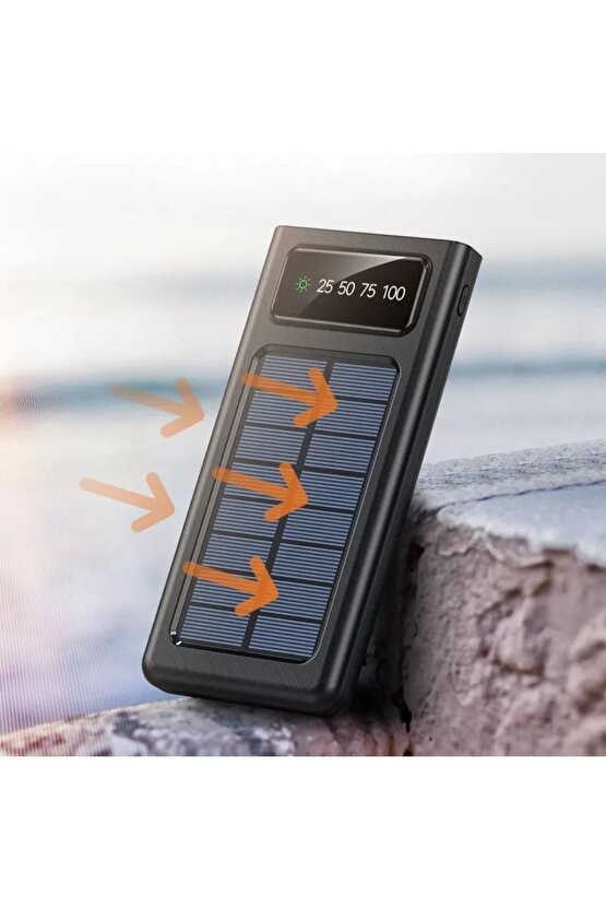 10000 Mah Güneş Enerjili Powerbank Ios Android Uyum Lcd Ekranlı 4 Kablo Type C Mikro Usb Lightning