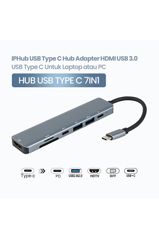 Type C Adaptör 7 In 1 Usb Hub Hdmi Sd Tf Kart Usb Pd Type C Macbook Çevirici