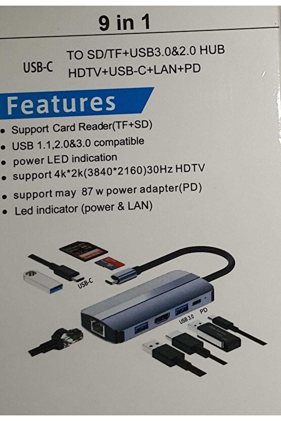 Type C Adaptör 9 In 1 Usb Hub Hdmi Lan Sd Tf Kart Usb Type C Macbook Çevirici