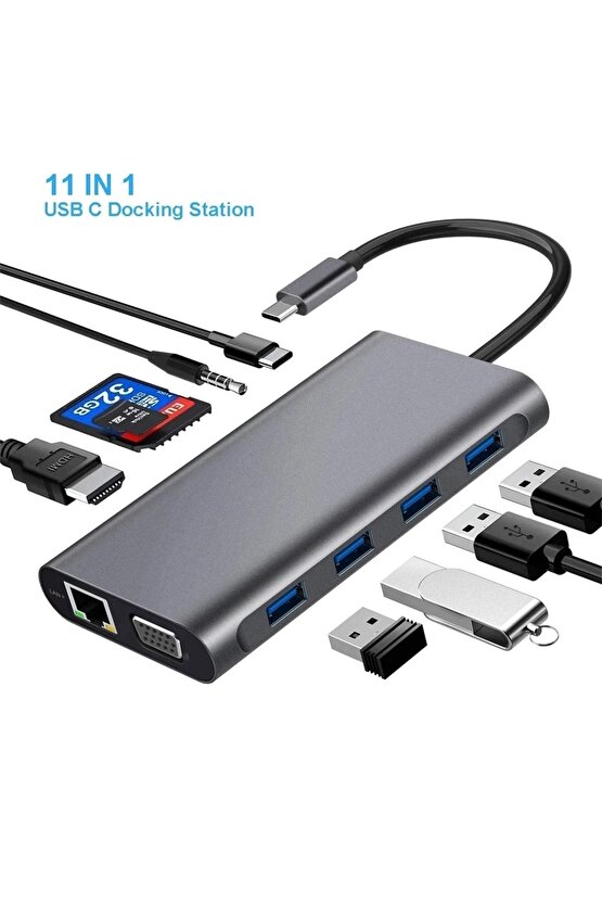 Type C Adaptör 11 In 1 Usb Hub Hdmi Lan Vga Sd Tf Kart Usb Type C Macbook Çevirici