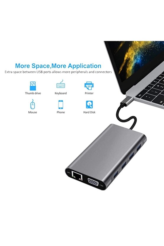 Type C Adaptör 11 In 1 Usb Hub Hdmi Lan Vga Sd Tf Kart Usb Type C Macbook Çevirici