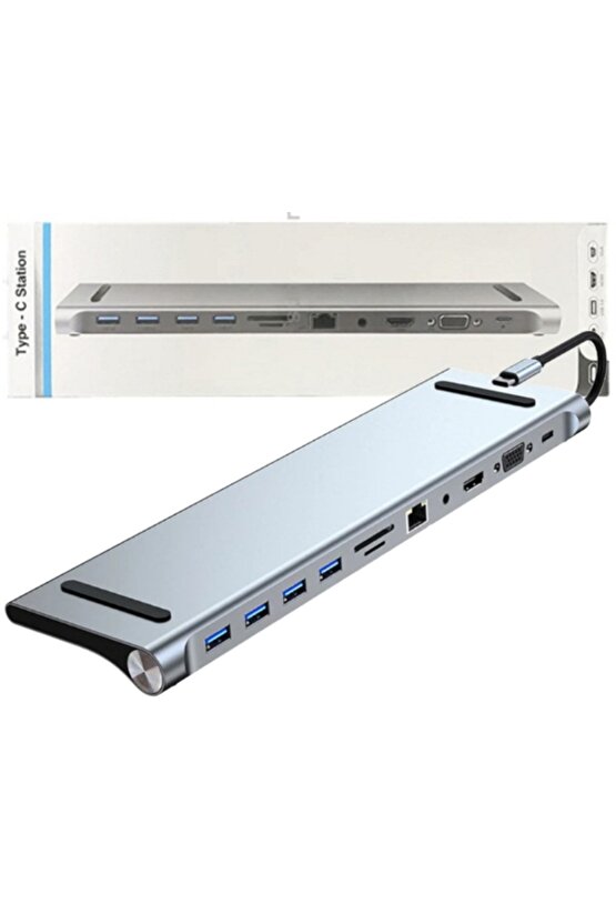 Type C Adaptör 11 In 1 Usb Hub Hdmi Lan Vga Sd Tf Kart Usb Type C Macbook Çevirici