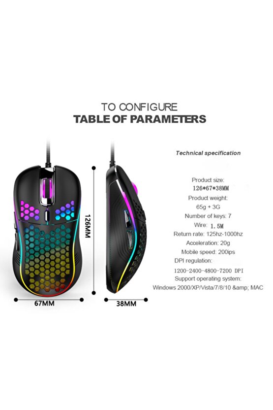 Rgb Led Işıklı Oyuncu Mouse Gaming 800-2400 Dpi 0 Oyun Mouse Mat Siyah