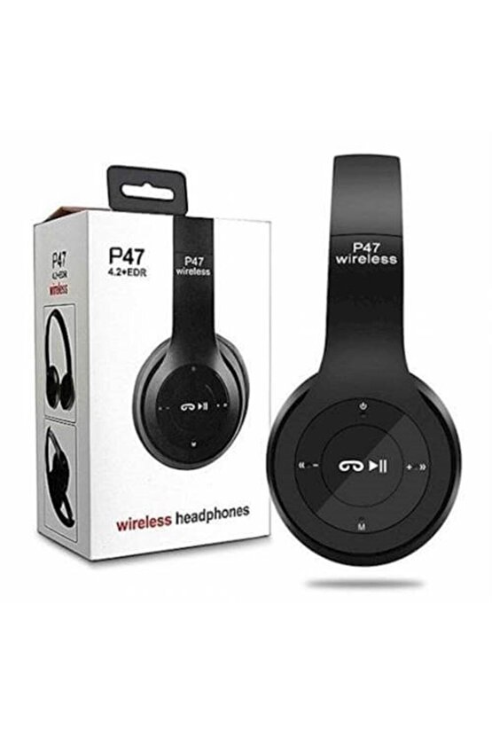 P47 Bluetooth Kulaklık Yükses Ses Ve Bass Fm Radyo Kablosuz Siyah