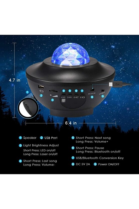 Starry Projektör Gece Lambası Bluetooth Hoparlör Ambians Işık