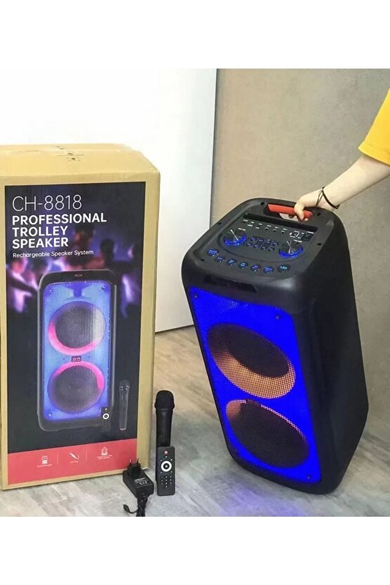 Party Box Büyük Boy Bluetooth Hoparlör Led Işıklı Çift Hoparlör Kablosuz Mikrofonlu Karaoke Speaker