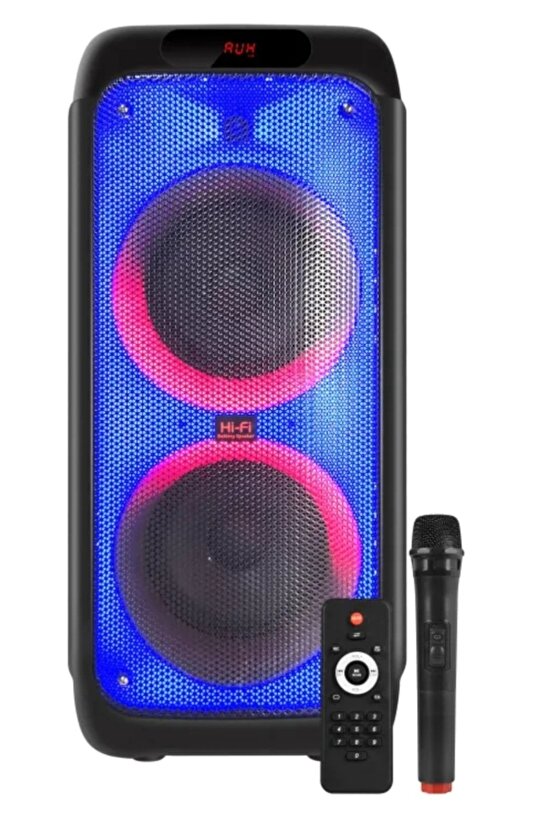 Party Box Büyük Boy Bluetooth Hoparlör Led Işıklı Çift Hoparlör Kablosuz Mikrofonlu Karaoke Speaker