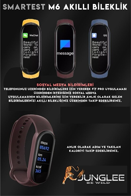 Yeni M6 Akıllı Bileklik Saat Smart Band Bracelet 6 Mesaj Arama Bildirimi Ios Android Uyumlu Fitpro