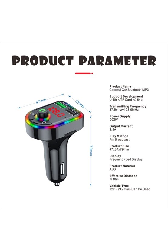 Car Mp3 + Usb Şarj Led Işıklı Fm Transmitter Bluetooth Lu Hafıza Kartı Ve Usb Girişli