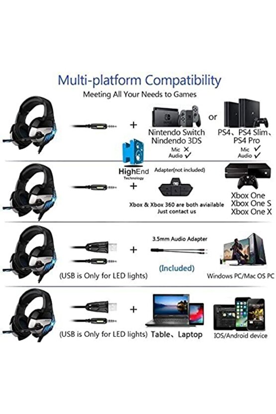 Led Işıklı Oyuncu Kulaklığı Pcps4tvtelefon Uyumlu Mikrofonlu Gaming Headphone