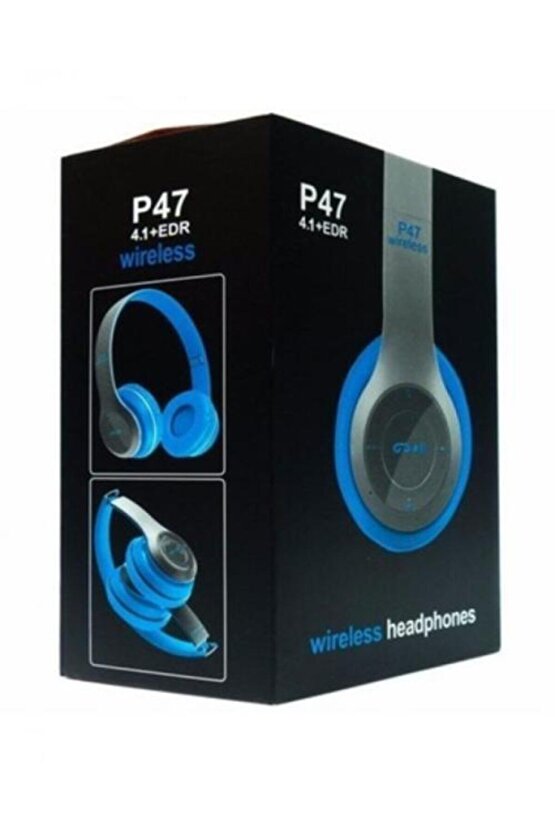 P47 Kablosuz Bluetooth Kulaklık Yükses Ses Ve Bass Fm Radyo Mavi