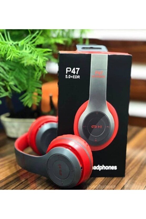 P47 Kablosuz Bluetooth Kulaklık Yükses Ses Ve Bass Fm Radyo Kırmızı