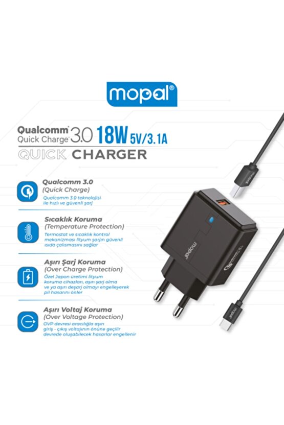 Mopal Şarj Başlığı Ve Type C Data Kablosu 5v 3,1a 18w Quick Charge 3,0 M10