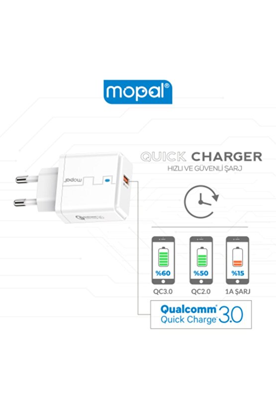 Mopal Mikro Usb Şarj Başlığı Ve Data Kablosu 5v 3,1a 18w Qualcomm 3.0 Quick Charge M09