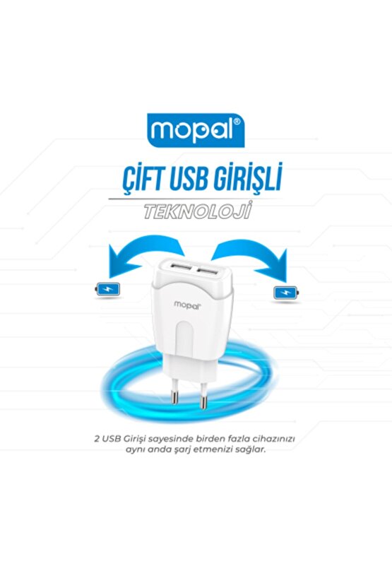 Mopal Çift Mikro Usb Çıkışlı Şarj Başlığı Ve Data Kablosu 5v 2,1a Şarj Aleti M07