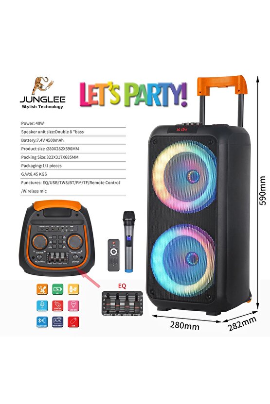 Party Box Bluetooth Hoparlör Büyük Boy Taşınabilir Şarjlı Kablosuz Hoparlör + Karaoke Mikrofon