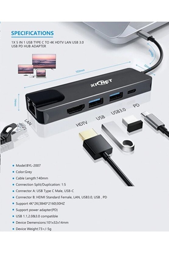 5 In 1 Usb Type C - 4k Hdmi Hdtv Lan Usb 3.0 Usb Pd Hub Adaptörü