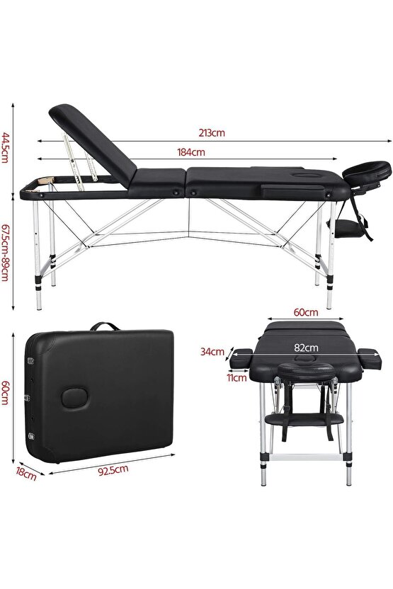 Siyah Taşınabilir Masaj Yatağı 3 Bölgeli Ayarlanabilir Yükseklik Baş Destekli ve El Dayanaklı Masaj