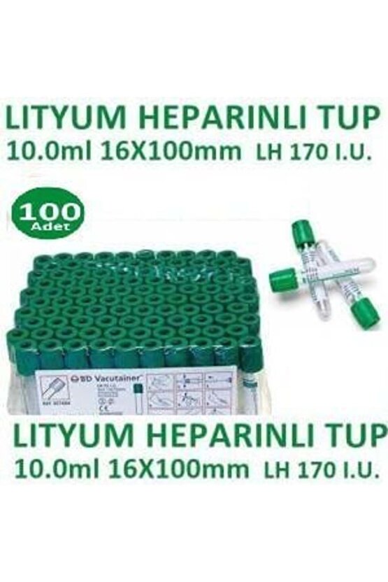 100 Adet Kan Alma Tüpü, Lityum Heparinli Tüp, Yeşil Kapak 10ml 16x100mm, Bd Vacutainer Lithium Hepar