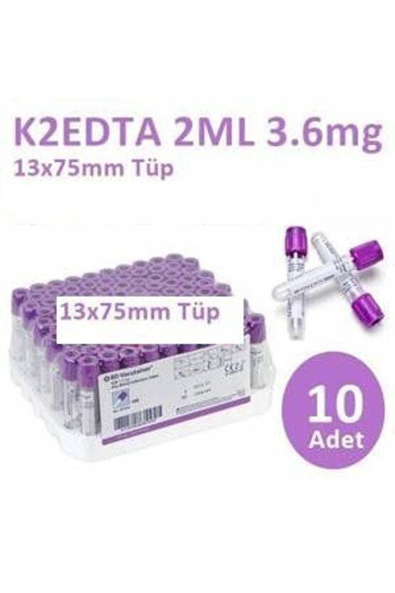 100 Adet Kan Alma Tüpü, Mor Kapak, K2E K2EDTA 2ml 3.6mg 13x75mm, Bd Vacutainer