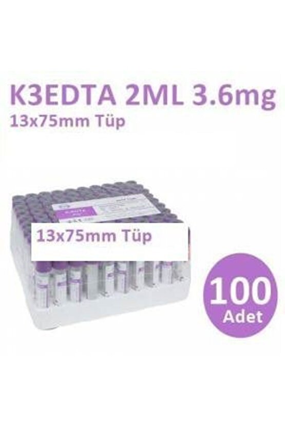 100 Adet Kan Alma Tüpü, Mor Kapak, K3E K3EDTA 2ml 3.6mg 13x75mm, Bd Vacutainer