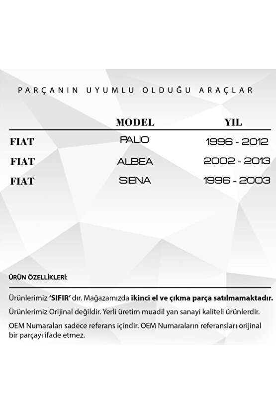 Fiat Albea, Palio, Siena Için Kaput Dayama Demiri Uyumlu