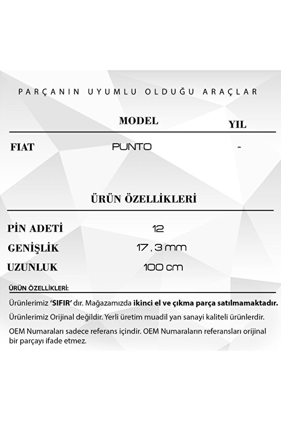 Fiat Punto Için Airbag Şerit Kablosu 12 Pin - 100 Cm Airbag Sargısı (metrelik)