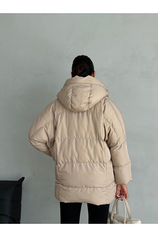 Puffer Yarasa Şişme Bej Oversize Kadın Mont