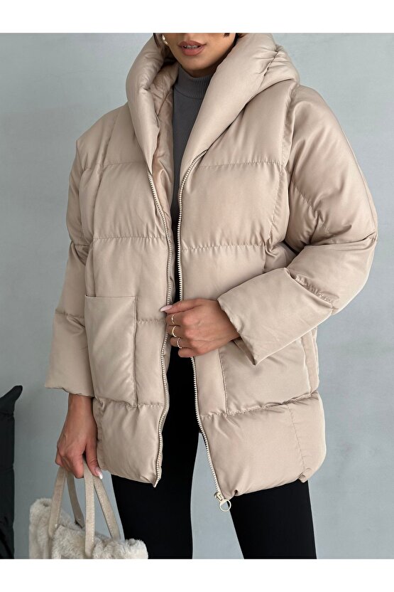 Puffer Yarasa Şişme Bej Oversize Kadın Mont