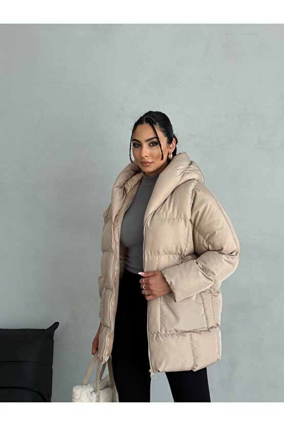 Puffer Yarasa Şişme Bej Oversize Kadın Mont