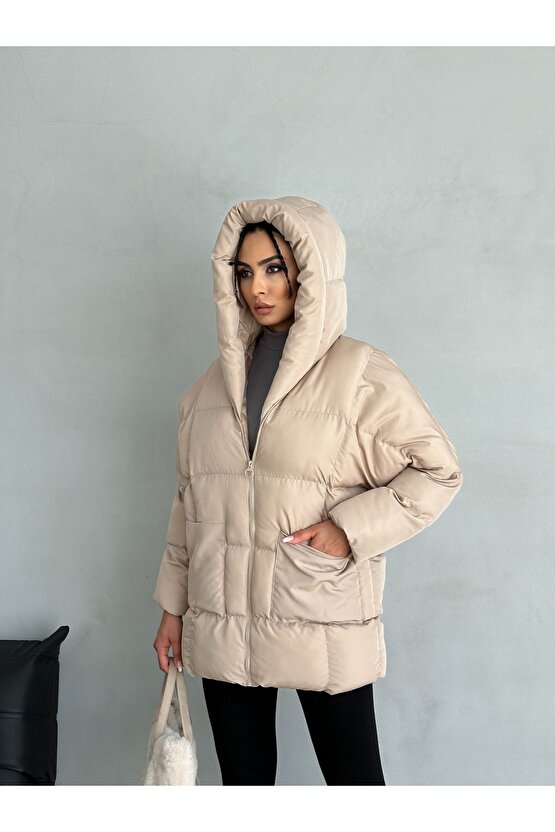 Puffer Yarasa Şişme Bej Oversize Kadın Mont