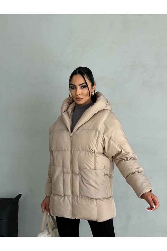 Puffer Yarasa Şişme Bej Oversize Mont