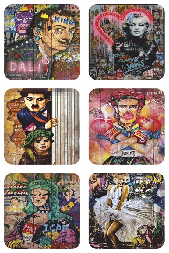 pop art ünlüler charlie chaplin Marilyn Monroe salvador dali 6lı retro ahşap bardak altlığı set