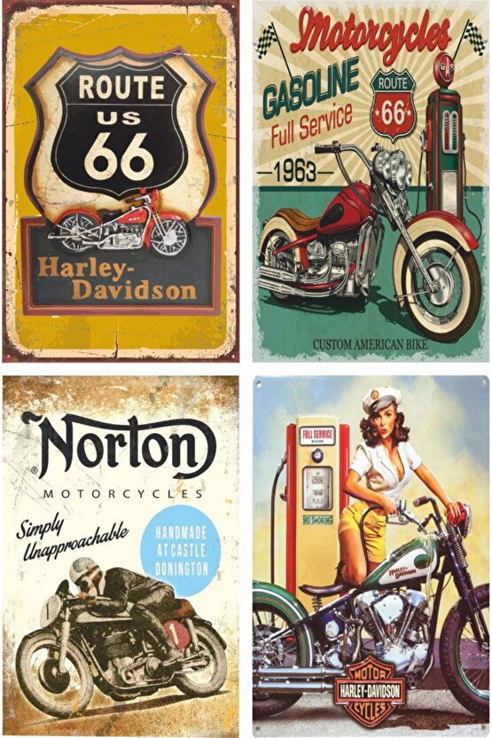 klasik motosiklet poster seti. Route 66 ve pin up kızlarıyla. 24 adet mini retro ahşap poster