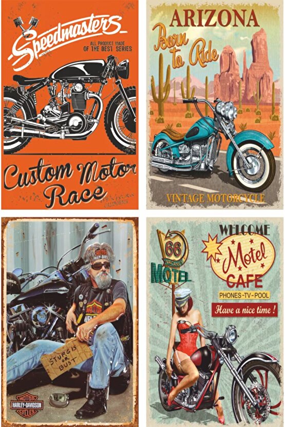 klasik motosiklet poster seti. Route 66 ve pin up kızlarıyla. 24 adet mini retro ahşap poster