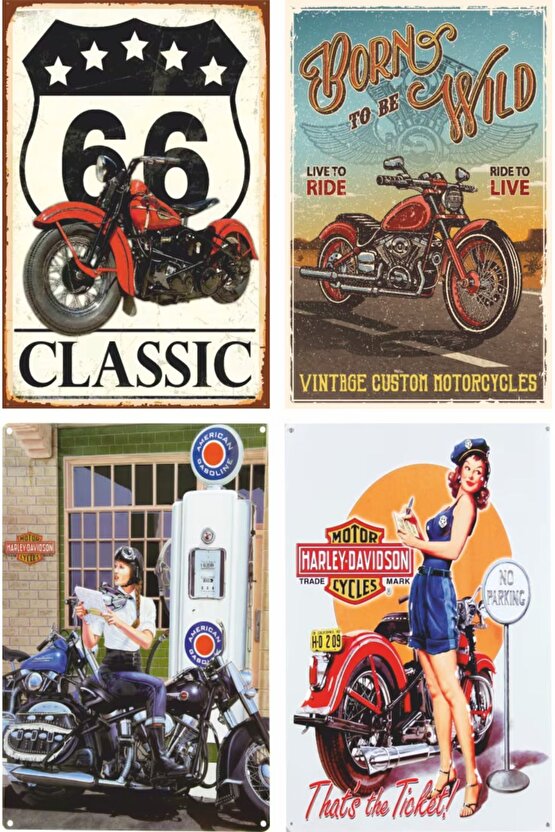 klasik motosiklet poster seti. Route 66 ve pin up kızlarıyla. 24 adet mini retro ahşap poster