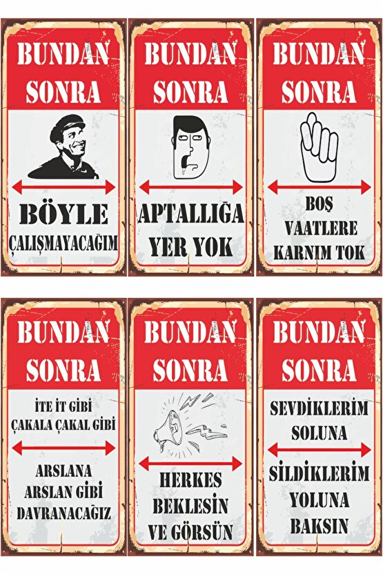 Bundan Sonra Böyle Komik Atarlı Duvar Yazıları 6lı Mini Retro Ahşap Poster Seti