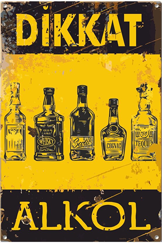 Dikkat Alkol Uyarı Levhası Retro Ahşap Poster